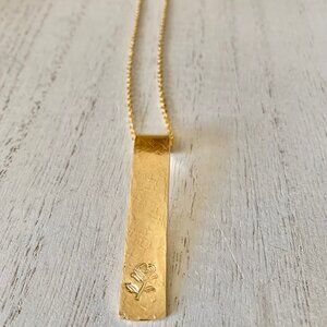 Hammered Brass Rose Bar Pendant Necklace, 18kt Gold Plated Brass Chain